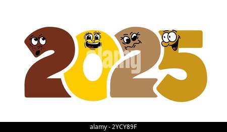 Felice anno nuovo divertente design di testo 2025. disegno a mano. Non ai, illustrazioni vettoriali. Illustrazione Vettoriale