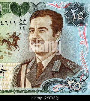 Saddam Hussein ritratto da venti cinque dinari banconota in Iraq Foto Stock