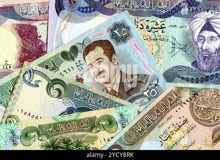 Sfondo di denaro dalla vecchia carta moneta di Iraq Foto Stock