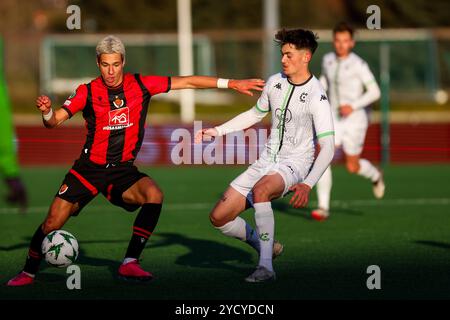 Reykjavik, Islanda. 24 ottobre 2024. Danijel Djuric di Vikingur combatte per il ballo durante una partita di calcio tra l'islandese Vikingur Reykjavik e il belga Cercle Brugge KSV, giovedì 24 ottobre 2024, a Reykjavik, Islanda, il secondo giorno della fase a gironi del torneo UEFA Conference League. BELGA PHOTO ARNI TORFASON credito: Belga News Agency/Alamy Live News Foto Stock