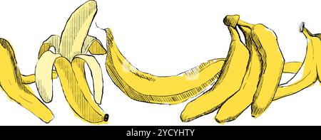 Bordo vettoriale giallo banana Fruit senza cuciture su sfondo bianco. Immagine vettoriale. Illustrazione Vettoriale
