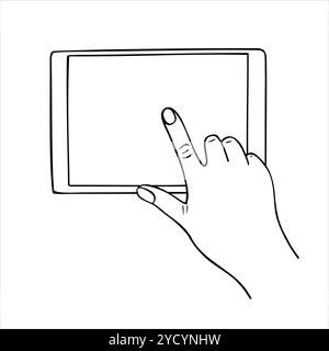 Immagine di schizzo isolata vettoriale del tablet con dito monocromatico su schermo orizzontale dipinto da inchiostri neri. Disegno di incisione di Smart Illustrazione Vettoriale