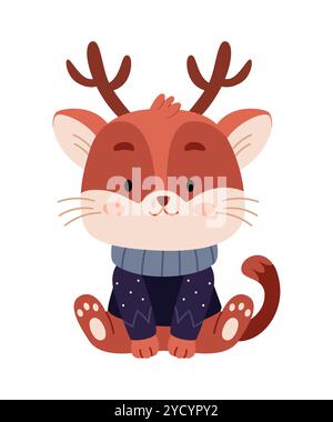 Un simpatico gatto natalizio in un caldo maglione invernale e con corna di cervo. Illustrazione Vettoriale