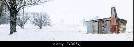 La cabina in legno rustico o capannone in legno non abbinato, metallo arrugginito e ferro ondulato si trova in un campo rurale innevato in inverno Foto Stock