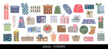 Scatole regalo per le feste con nastri e fiocchi, illustrazione vettoriale, buon Natale e felice anno nuovo arredamento per le feste invernali, elemento di design per poster, biglietti d'auguri, adesivi Illustrazione Vettoriale