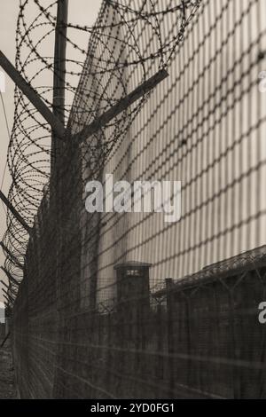 Guardando verso l'alto la recinzione di filo spinato che custodisce la prigione di robben Island, dove Nelson Mandela fu imprigionato, ora patrimonio dell'umanità dell'UNESCO Foto Stock