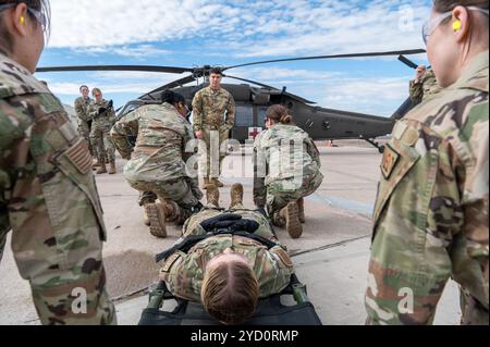 944th Fighter Wing Reserve Citizen Airmen e personale della Guardia Nazionale dell'Arizona si preparano a trasportare un paziente simulato durante l'addestramento medevac presso l'aeroporto Goodyear Phoenix, Goodyear, Ariz., 19 ottobre 2024. La formazione congiunta è un passo fondamentale nella preparazione dell'esercitazione Desert Hammer 25-1 a novembre. (Foto U.S. Air Force di Senior Airman Alexis Orozco) Foto Stock