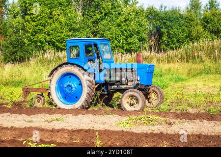 Vecchio trattore agricolo gommato che lavora nel campo delle patate Foto Stock