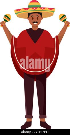 Uomo in poncho e sombrero con maracas, Vector Illustrazione Vettoriale
