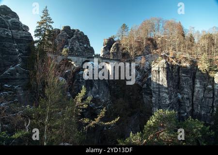 Scopri la bellezza mozzafiato delle Badlands nella Sassonia svizzera, dove le aspre scogliere incontrano le antiche foreste sotto un cielo invernale limpido, caratterizzato da un histo Foto Stock