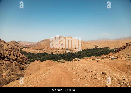 La geologia unica del Marocco mette in mostra l'impressionante contrasto tra colline aride e aride e valli verdi vivaci. Una strada sterrata conduce attraverso questo capitano Foto Stock