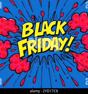 Questa illustrazione dinamica riporta la frase "BLACK FRIDAY!" realizzato in uno straordinario stile pop art, progettato per attirare l'attenzione e stimolare le vendite durante il periodo Foto Stock