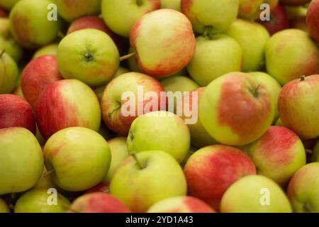 Mostra con le mele. mele al supermercato. molte mele. mele fotografiche Foto Stock