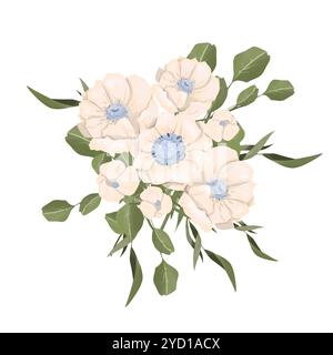 Illustrazione composizione bouquet con fiori di anemone, con rami verdi e foglie tonde, lunghe e affilate. Elemento della libreria magica della raccolta Foto Stock