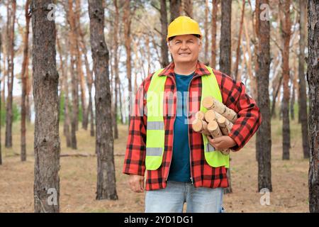 Forestiere anziano con fascio di legno tritato nella foresta Foto Stock