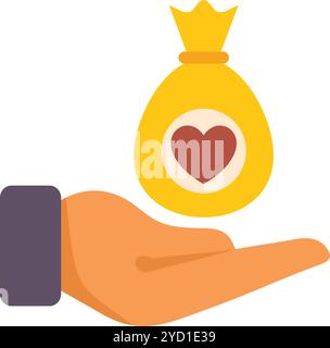 Hand ha in mano un sacco di soldi con un cuore, che rappresenta donazioni di beneficenza e sostegno finanziario per coloro che ne hanno bisogno Illustrazione Vettoriale