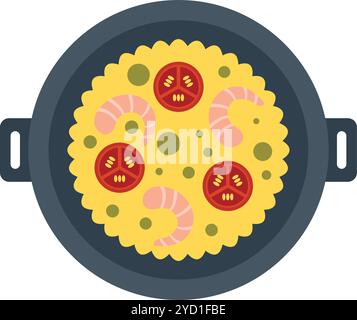 Vista dall'alto di una tradizionale paella spagnola cotta in una padella con riso allo zafferano, gamberetti e pomodori Illustrazione Vettoriale