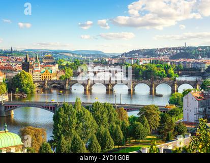 Fila di ponti in Praga al giorno di estate Foto Stock