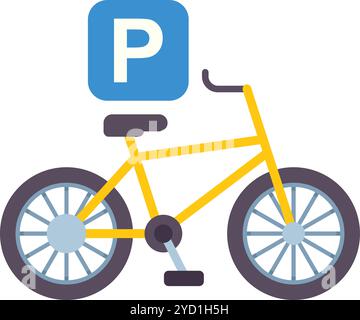 Bicicletta gialla parcheggiata accanto al cartello del parcheggio che indica un'area di parcheggio per biciclette Illustrazione Vettoriale