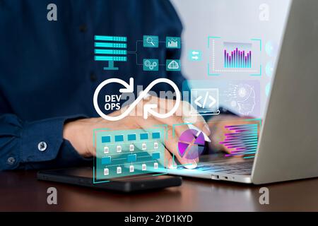 Sviluppo software DevOps e ingegnere delle operazioni IT che lavora in un ambiente di metodologia agile. Concetto con l'icona dev Ops sullo schermo del computer e proj Foto Stock