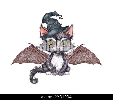 Gattino nero in un cappello da strega con illustrazione ad acquerello delle ali di pipistrello. Gatto con occhi grandi isolato dallo sfondo. La famiglia mistica della strega, Halloween t Foto Stock
