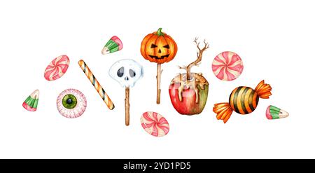 Set di vari dolci e caramelle, illustrazione acquerello, un dessert popolare durante la celebrazione di Halloween, isolato dallo sfondo. Concetto di design per Foto Stock