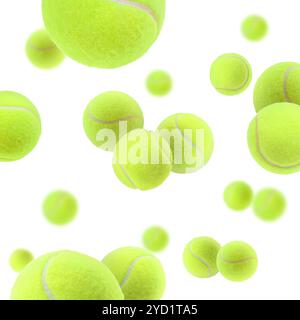 Molte palline da tennis luminose in aria su sfondo bianco Foto Stock