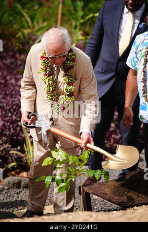 Re Carlo III pianta un albero dopo aver svelato una targa per aprire ufficialmente il Giardino del Re, al Robert Louis Stevenson Museum di Apia, Samoa, il sesto giorno della visita reale in Australia e Samoa, il sesto giorno della visita reale in Australia e Samoa. Data foto: Venerdì 25 ottobre 2024. Foto Stock