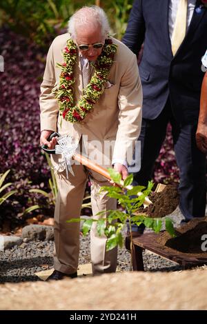 Re Carlo III pianta un albero dopo aver svelato una targa per aprire ufficialmente il Giardino del Re, al Robert Louis Stevenson Museum di Apia, Samoa, il sesto giorno della visita reale in Australia e Samoa, il sesto giorno della visita reale in Australia e Samoa. Data foto: Venerdì 25 ottobre 2024. Foto Stock