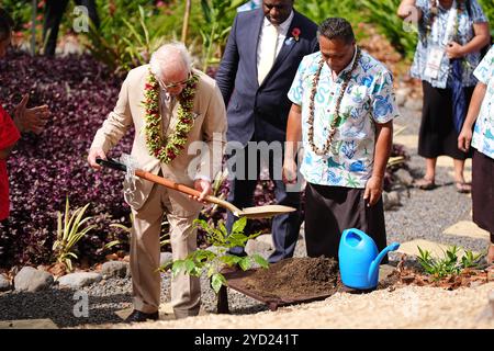 Re Carlo III pianta un albero dopo aver svelato una targa per aprire ufficialmente il Giardino del Re, al Robert Louis Stevenson Museum di Apia, Samoa, il sesto giorno della visita reale in Australia e Samoa, il sesto giorno della visita reale in Australia e Samoa. Data foto: Venerdì 25 ottobre 2024. Foto Stock