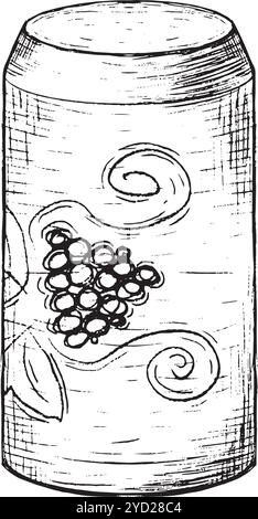 Si tratta di un contenitore elegantemente disegnato a mano adornato da un raffinato design vitivinicolo, perfetto per tutti gli amanti del vino. Grafica vettoriale in bianco e nero disegnata a mano in line art per materiali stampati, interni e altro ancora. Illustrazione Vettoriale