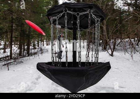 Primo piano sull'obiettivo del Frisbee golf in azione Foto Stock