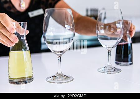 la barista donna mette in mano piccoli decanter pieni di vini rossi e bianchi. accanto a due bicchieri di vino vuoti in una luminosa sala di degustazione bianca Foto Stock