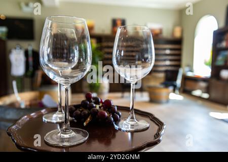 Vino tre bicchieri vuoti sul tavolino con nero uve rosso fuoco selettivo, cantina sala degustazione bottiglie ripiani Rastrelliere di sfondo del display Foto Stock