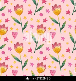 Motivo rosa senza cuciture con fiori decorativi ad acquerello. Modello carino per ragazze con fiori. Fantasia creativa per bambini per tessuti e avvolgimenti Foto Stock