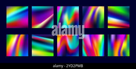 Sfondo olografico adesivo con etichette colorate astratte con colori iridescenti brillanti e arcobaleno. Set vettoriale di sfondi quadrati o adesivi luminosi con ornamento e texture ologrammi Illustrazione Vettoriale