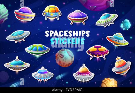 Confezione di adesivi di dischi volanti ufo su sfondo spaziale. Macchie cosmiche vettoriali con astronavi aliene cartoni animati che fluttuano nella galassia con pianeti, stelle e meteore. Decalcomanie adesive Illustrazione Vettoriale