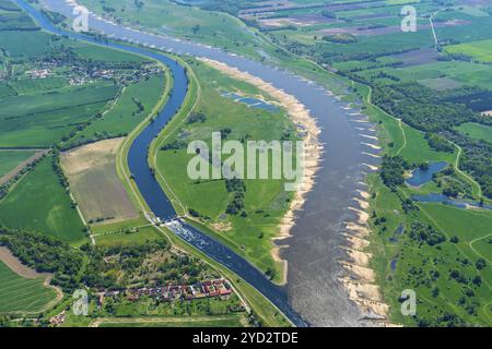 Vista aerea, affluente, Havel, Elba, fiume, acqua, paesaggio, paesaggio fluviale, Brandeburgo, Germania, Europa Foto Stock