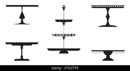 Vassoio di torta per il tè nuziale, sagoma del vassoio con piedistallo isolato. Supporto da tavolo retro, piedistallo e piatto da esposizione per dessert, dolci e pasticcini. Servire Illustrazione Vettoriale