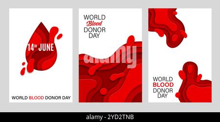 World Blood Donor Day ha tagliato poster per la campagna di donazione di sangue, sfondi vettoriali. Striscioni giornata donatori di sangue mondo con strati tagliati di carta rossa astratta per carità sanitaria e poster medici Illustrazione Vettoriale