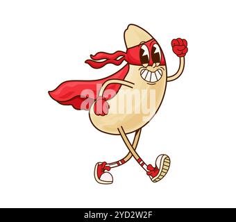 Personaggio carino da supereroe. Nut Hero allegro personaggio vettoriale comico, supereroe anacardi isolato mascotte felice o cibo sano spuntino Groovy carino personaggio che indossa maschera rossa e mantello Illustrazione Vettoriale