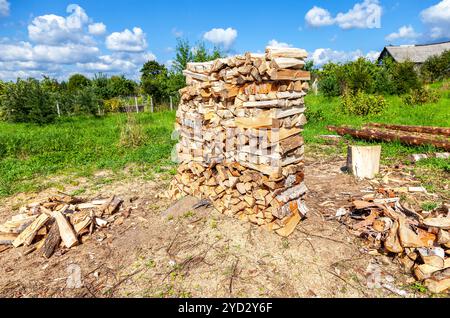 Mucchio di legna da ardere di betulla secca tagliata e impilata all'aperto nel villaggio Foto Stock