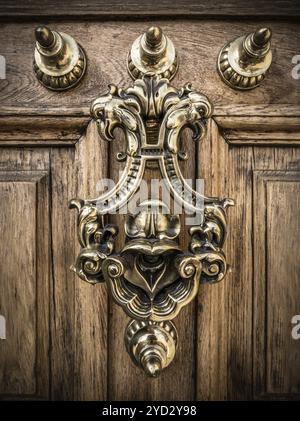 Un Grand ornati porta in ottone respingente su una pesante porta di legno in Spagna Foto Stock