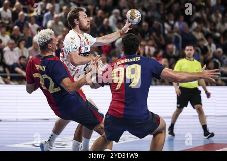 Albin Lagergren del SC Magdeburg e Javier Rodriguez del FC Barcelona durante la EHF Champions League, fase a gironi, partita di pallamano tra FC Barcelona e SC Magdeburg il 24 ottobre 2024 al Palau Blaugrana di Barcellona, Spagna Foto Stock