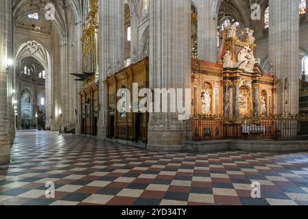 Segovia, Spagna, 7 aprile 2024: Veduta della navata laterale e retrocoro della Cattedrale di Segovia, Europa Foto Stock