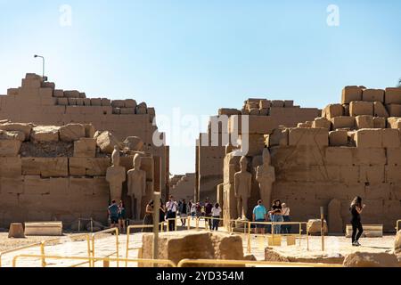 Luxor; Egitto; 16 gennaio 2024: Karnak: Turisti che esplorano i colossali templi di Karnak e si tuffano nel cuore dell'antico Egitto. Foto Stock