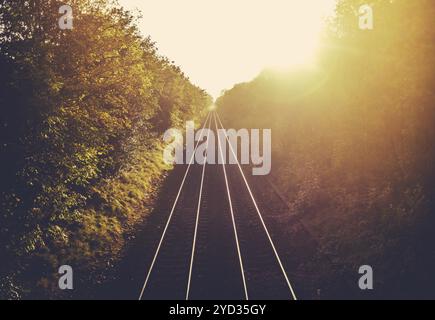 Binari del treno che si protende nella distanza al tramonto Foto Stock