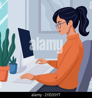 Donna di illustrazione vettoriale che studia al computer in stile moderno e piatto. Lavoro a distanza da libero professionista a casa. Programmatore donna che lavora a distanza Illustrazione Vettoriale