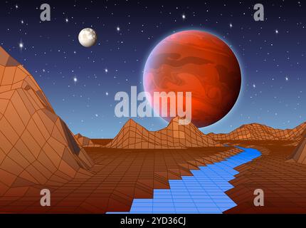 Paesaggio futuristico retrò con montagne e sole nello spazio profondo. paesaggio sintonico in stile anni '80, con alba su un pianeta alieno Illustrazione Vettoriale