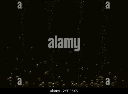 Bollicine dorate di champagne, birra o acqua frizzante si innalzano in cima. Vettore 3D realistico. Illustrazione Vettoriale